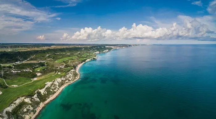 Framed Print : Aerial drone view of a golf course next to the cliffs and Black sea. Golfing fields landscape Framed Print : Aerial drone view of a golf course next to the cliffs and Black sea. Golfing fields landscape