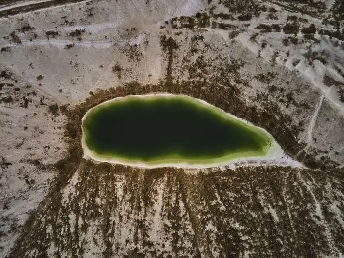 Framed Print : Aerial drone view a green lake formed on phosphogypsum waste Framed Print : Aerial drone view a green lake formed on phosphogypsum waste