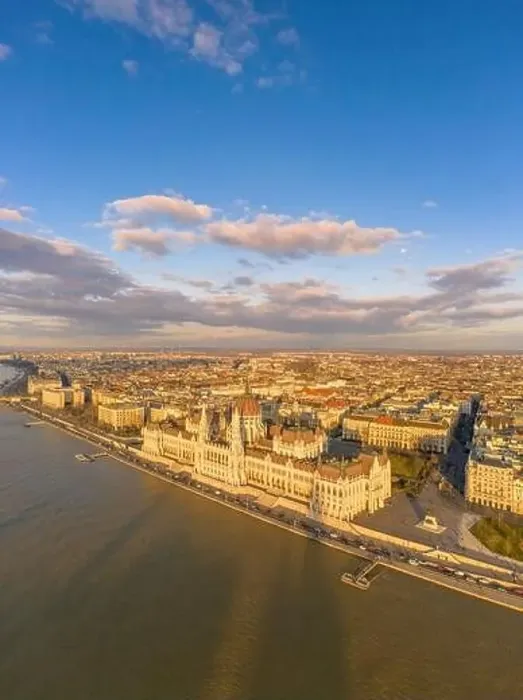 Framed Print : Aerial drone view of Hungarian Parliament by Danube river in Budapest sunset hour Framed Print : Aerial drone view of Hungarian Parliament by Danube river in Budapest sunset hour