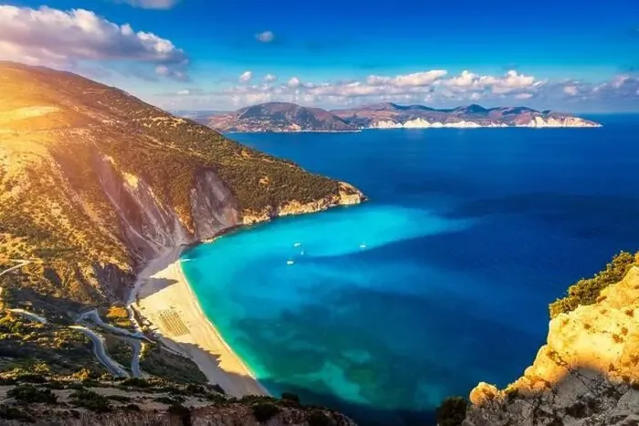 Framed Print : Aerial drone view of iconic turquoise and sapphire bay and beach of Myrtos