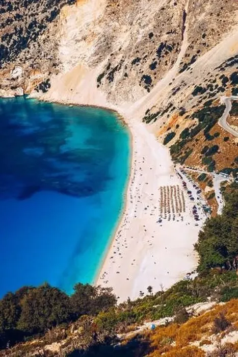 Framed Print : Aerial drone view of iconic turquoise and sapphire bay and beach of Myrtos