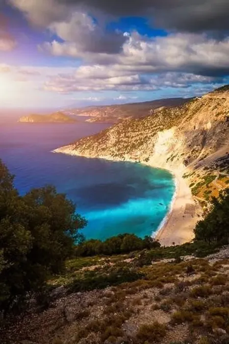 Framed Print : Aerial drone view of iconic turquoise and sapphire bay and beach of Myrtos