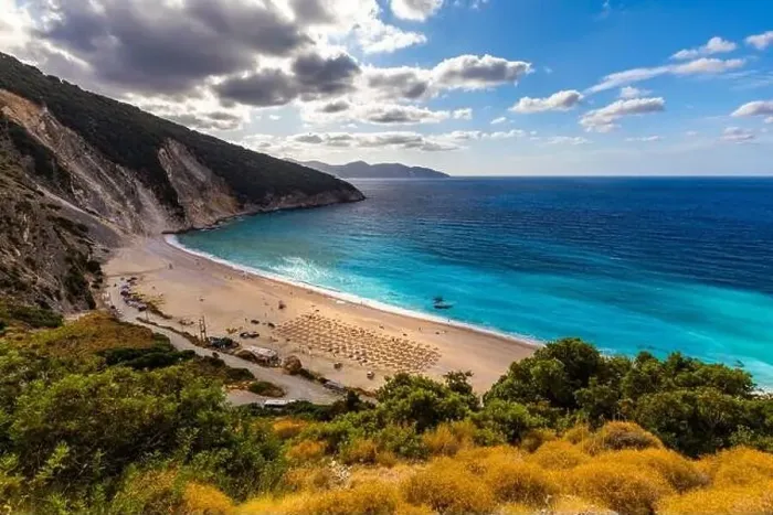 Framed Print : Aerial drone view of iconic turquoise and sapphire bay and beach of Myrtos