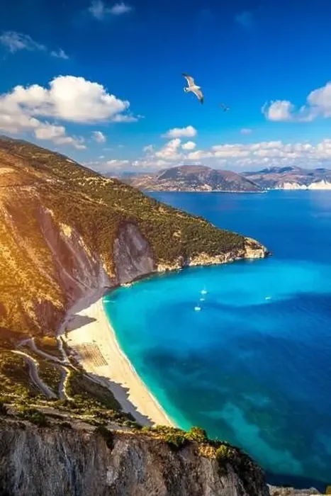 Framed Print : Aerial drone view of iconic turquoise and sapphire bay and beach of Myrtos