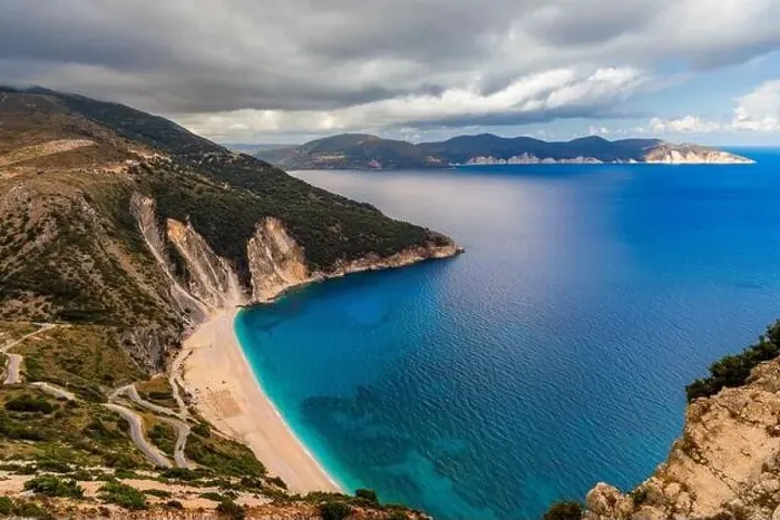 Framed Print : Aerial drone view of iconic turquoise and sapphire bay and beach of Myrtos