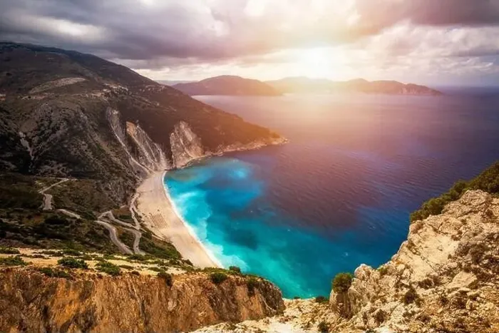 Framed Print : Aerial drone view of iconic turquoise and sapphire bay and beach of Myrtos