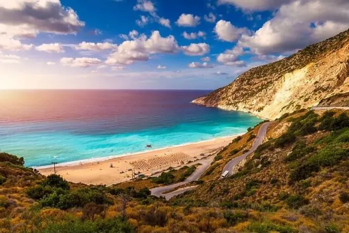 Framed Print : Aerial drone view of iconic turquoise and sapphire bay and beach of Myrtos