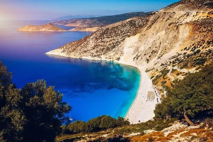 Framed Print : Aerial drone view of iconic turquoise and sapphire bay and beach of Myrtos