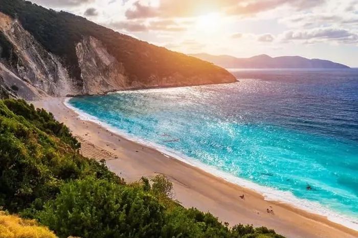 Framed Print : Aerial drone view of iconic turquoise and sapphire bay and beach of Myrtos