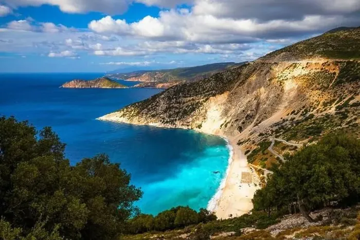 Framed Print : Aerial drone view of iconic turquoise and sapphire bay and beach of Myrtos