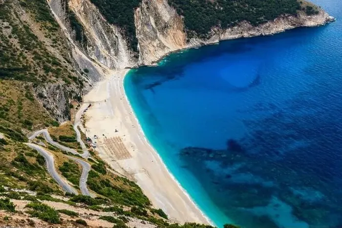 Framed Print : Aerial drone view of iconic turquoise and sapphire bay and beach of Myrtos