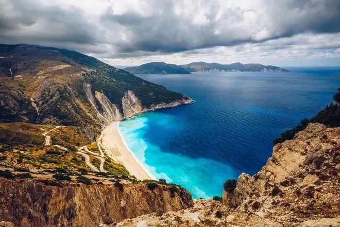 Framed Print : Aerial drone view of iconic turquoise and sapphire bay and beach of Myrtos