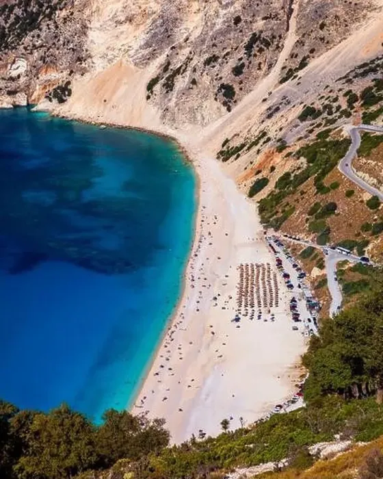 Framed Print : Aerial drone view of iconic turquoise and sapphire bay and beach of Myrtos