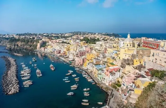 Framed Print : Aerial drone view of Italian island Procida. Marina Corricella and fort Framed Print : Aerial drone view of Italian island Procida. Marina Corricella and fort