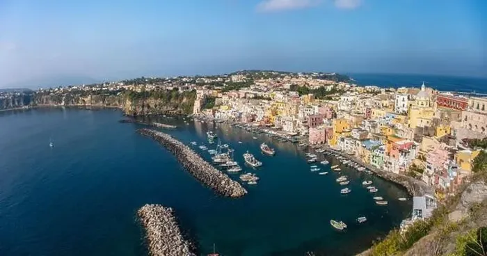 Framed Print : Aerial drone view of Italian island Procida. Marina Corricella and fort Framed Print : Aerial drone view of Italian island Procida. Marina Corricella and fort