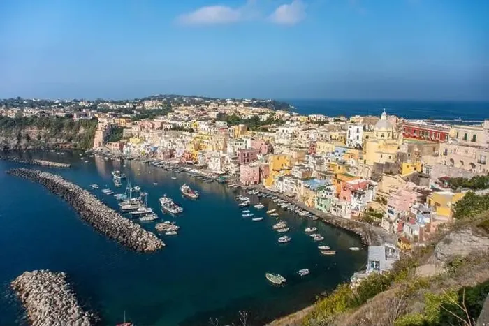 Framed Print : Aerial drone view of Italian island Procida. Marina Corricella and fort Framed Print : Aerial drone view of Italian island Procida. Marina Corricella and fort