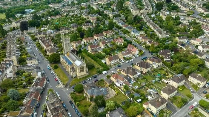 Framed Print : Aerial Drone view over Larkhall, Bath UK, with St Saviour's Church in the centre. (06-07-2023) Framed Print : Aerial Drone view over Larkhall, Bath UK, with St Saviour's Church in the centre. (06-07-2023)