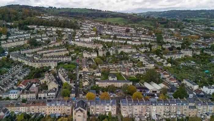 Framed Print : Aerial drone view, looking up Upper East Hayes, just off from the London Road, Bath UK. (31-10-2023) Framed Print : Aerial drone view, looking up Upper East Hayes, just off from the London Road, Bath UK. (31-10-2023)