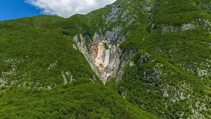 Framed Print : Aerial Drone View of Majestic Boka Waterfall in Slovenia
