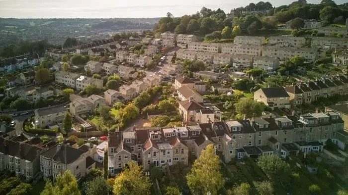 Framed Print : Aerial drone view of Marshfield Way, in the Fairfield Park part of Bath UK. (17-10-2023) Framed Print : Aerial drone view of Marshfield Way, in the Fairfield Park part of Bath UK. (17-10-2023)