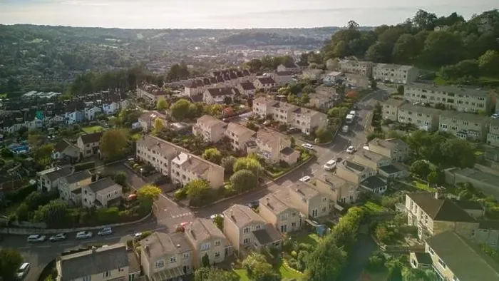 Framed Print : Aerial drone view of Marshfield Way, in the Fairfield Park part of Bath UK. (17-10-2023) Framed Print : Aerial drone view of Marshfield Way, in the Fairfield Park part of Bath UK. (17-10-2023)