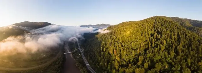Framed Print : Aerial drone view above misty mountains and forest. Panoramic landscape. Morning time. Carpathians, Ukraine