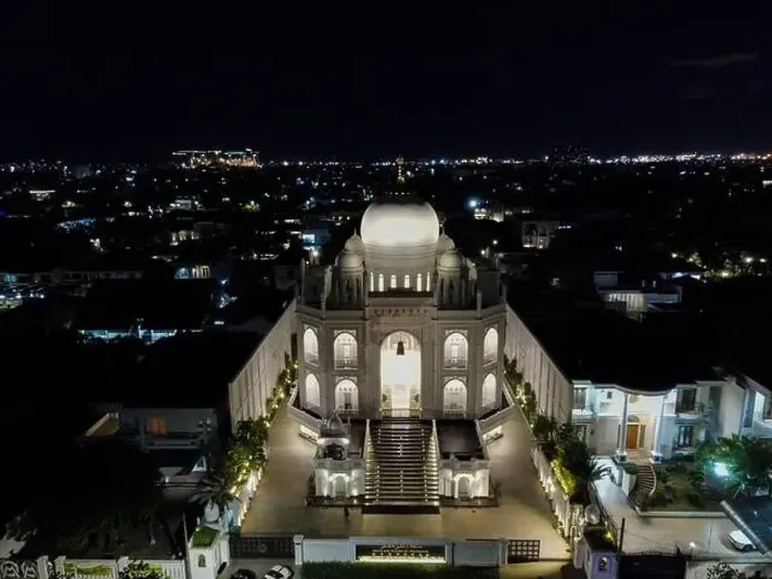 Framed Print : Aerial drone view of modern Masjid Ramlie Musofa at night in Jakarta Kemayoran with Jakarta cityscape Framed Print : Aerial drone view of modern Masjid Ramlie Musofa at night in Jakarta Kemayoran with Jakarta cityscape