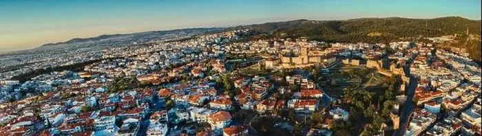 Framed Print : Aerial drone view of old Byzantine castle and the famous city of Thessaloniki or Salonica at sunset, North Greece Framed Print : Aerial drone view of old Byzantine castle and the famous city of Thessaloniki or Salonica at sunset, North Greece