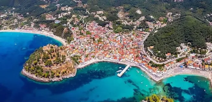Framed Print : Aerial drone view of Parga colorful town with venetian castle and beach Valtos Framed Print : Aerial drone view of Parga colorful town with venetian castle and beach Valtos