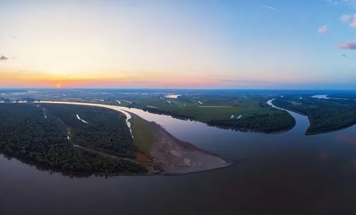 Framed Print : Aerial drone view of river landscape in sunny summer evening