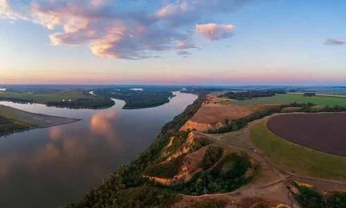 Framed Print : Aerial drone view of river landscape in sunny summer evening