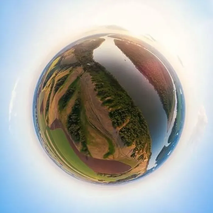 Framed Print : Aerial drone view of river landscape in sunny summer evening Framed Print : Aerial drone view of river landscape in sunny summer evening