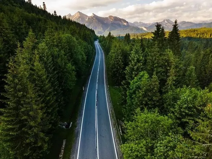Framed Print : Aerial Drone View Over Road in Mountains Scenic Landscape Framed Print : Aerial Drone View Over Road in Mountains Scenic Landscape