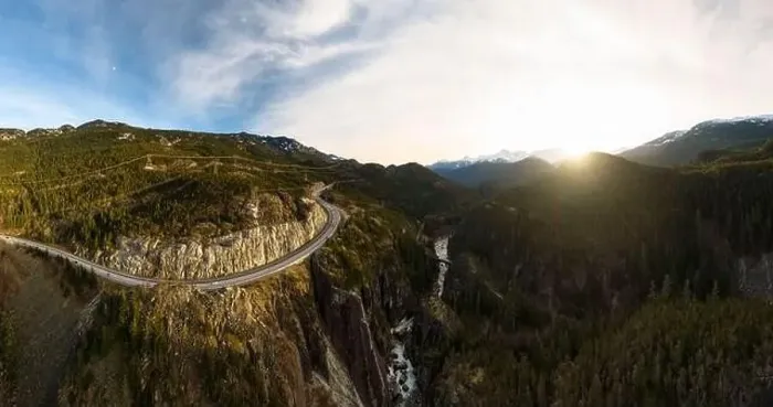 Framed Print : Aerial drone view of Sea to Sky Highway during a bright winter sunset