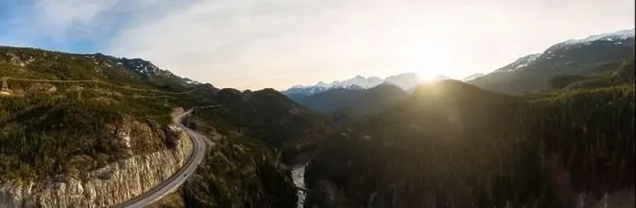 Framed Print : Aerial drone view of Sea to Sky Highway during a bright winter sunset Framed Print : Aerial drone view of Sea to Sky Highway during a bright winter sunset