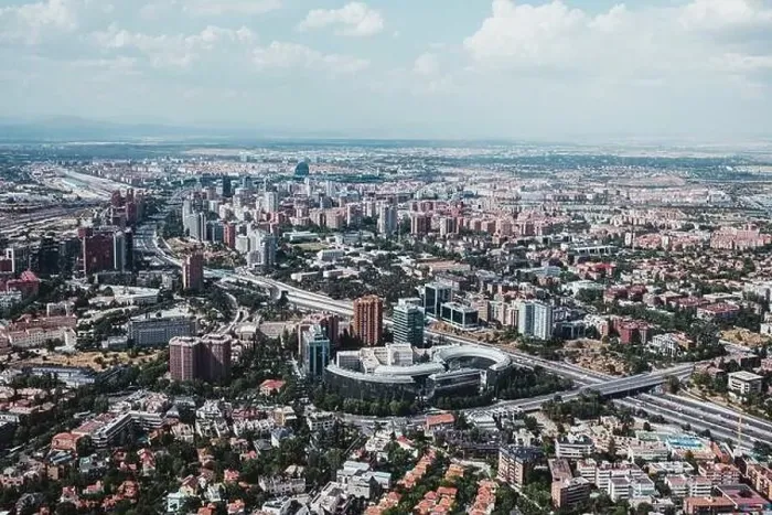 Framed Print : From above aerial drone view shot of city with dense infrastructure in Madrid, Spain