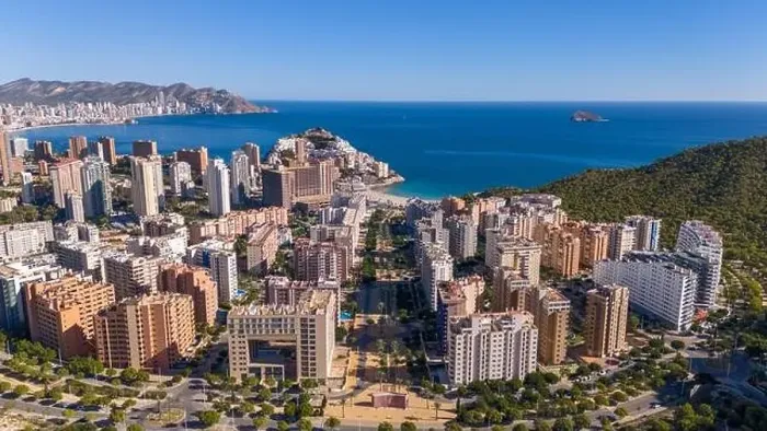 Framed Print : Aerial drone view of the skyline of Benidorm. Benidorm is a coastal city in the Costa Blanca, Spain