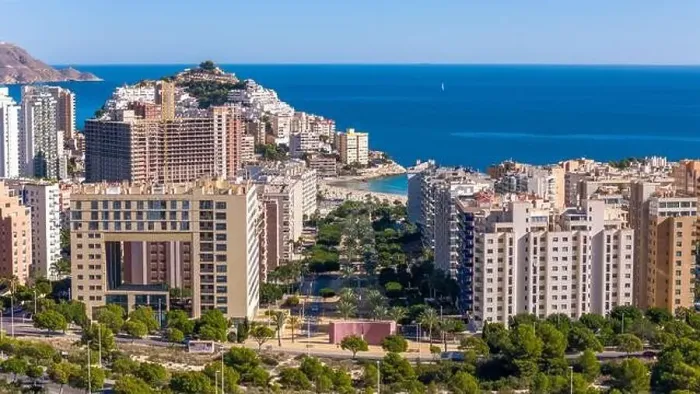 Framed Print : Aerial drone view of the skyline of Benidorm. Benidorm is a coastal city in the Costa Blanca, Spain