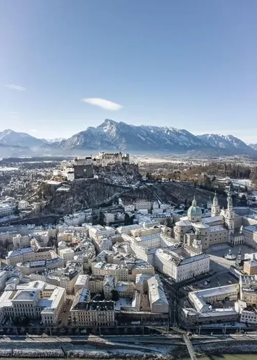 Framed Print : Aerial drone view of snowy Hohensalzburg fortress with view of Unesberg mountain in winter morning Framed Print : Aerial drone view of snowy Hohensalzburg fortress with view of Unesberg mountain in winter morning