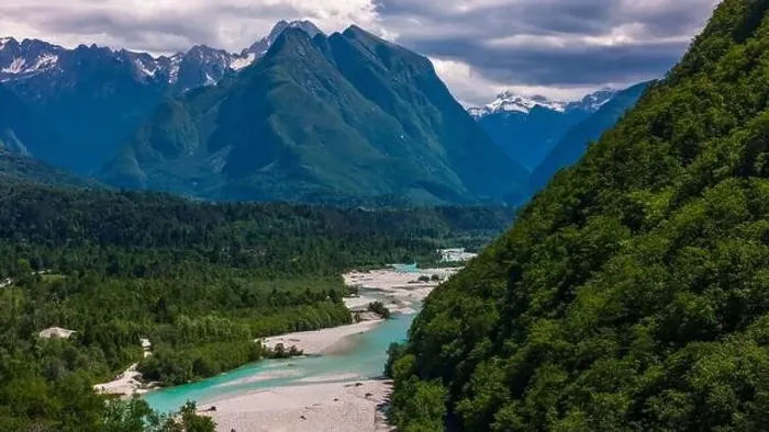 Framed Print : Aerial Drone View of Soca River and Mountains Near Bovec, Slovenia Framed Print : Aerial Drone View of Soca River and Mountains Near Bovec, Slovenia