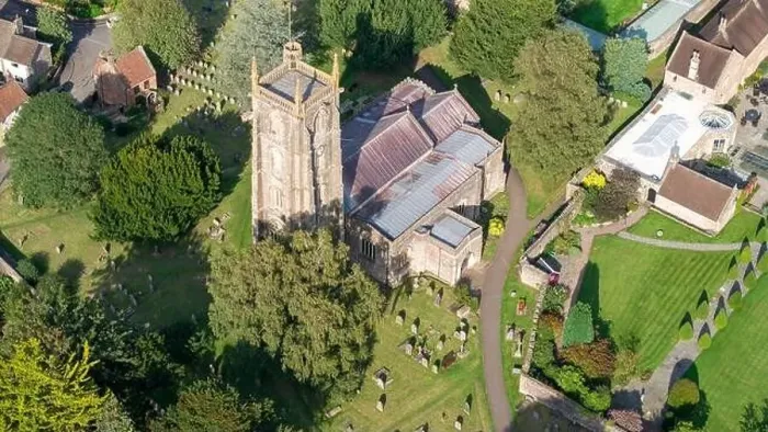 Framed Print : Aerial drone view over St Andrews Church, Chew Magna, Bristol, UK. (03-09-2023)