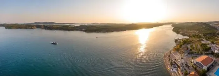 Framed Print : Aerial drone view of sunset over Kornati islands near the Sibenik city Framed Print : Aerial drone view of sunset over Kornati islands near the Sibenik city
