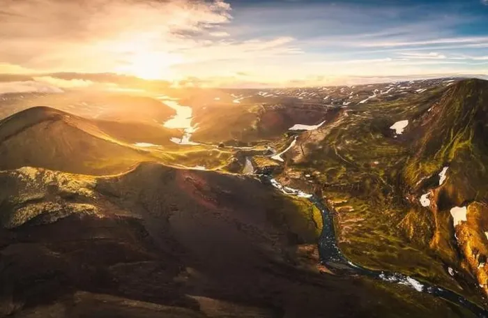 Framed Print : Aerial drone view of sunset over mysterious volcanic crater Framed Print : Aerial drone view of sunset over mysterious volcanic crater