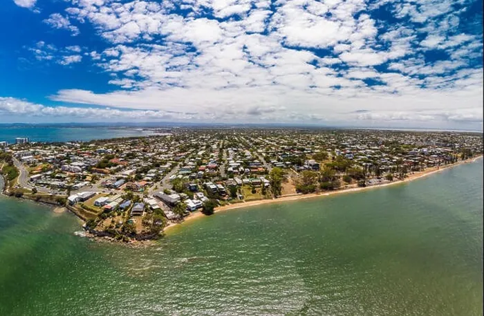 Framed Print : Aerial drone view of Suttons Beach, Redcliffe, Queensland, Australia Framed Print : Aerial drone view of Suttons Beach, Redcliffe, Queensland, Australia