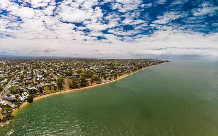 Framed Print : Aerial drone view of Suttons Beach, Redcliffe, Queensland, Australia Framed Print : Aerial drone view of Suttons Beach, Redcliffe, Queensland, Australia