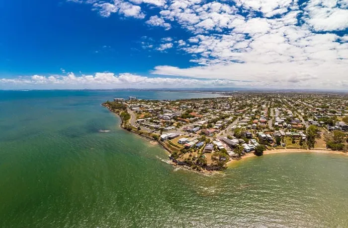 Framed Print : Aerial drone view of Suttons Beach, Redcliffe, Queensland, Australia Framed Print : Aerial drone view of Suttons Beach, Redcliffe, Queensland, Australia