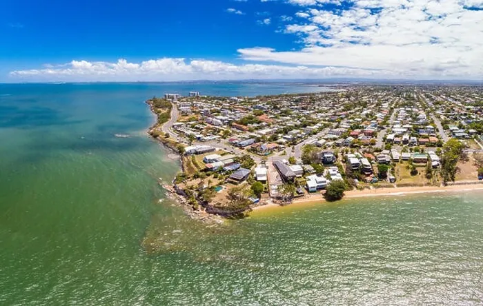 Framed Print : Aerial drone view of Suttons Beach, Redcliffe, Queensland, Australia Framed Print : Aerial drone view of Suttons Beach, Redcliffe, Queensland, Australia