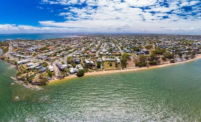 Framed Print : Aerial drone view of Suttons Beach, Redcliffe, Queensland, Australia Framed Print : Aerial drone view of Suttons Beach, Redcliffe, Queensland, Australia