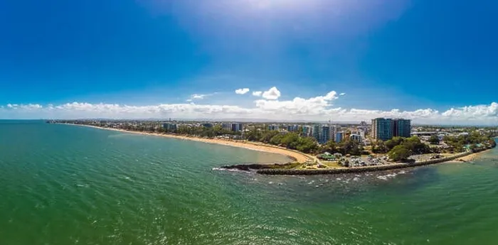 Framed Print : Aerial drone view of Suttons Beach, Redcliffe, Queensland, Australia Framed Print : Aerial drone view of Suttons Beach, Redcliffe, Queensland, Australia