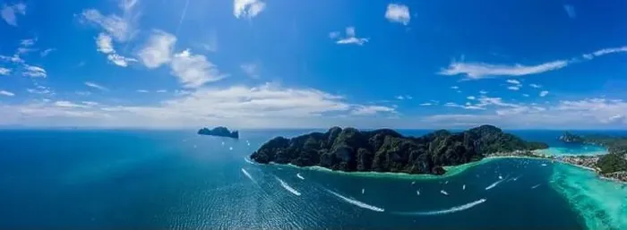 Framed Print : Aerial drone view of tropical turquoise water Maya Bay and limestone cliffs Framed Print : Aerial drone view of tropical turquoise water Maya Bay and limestone cliffs